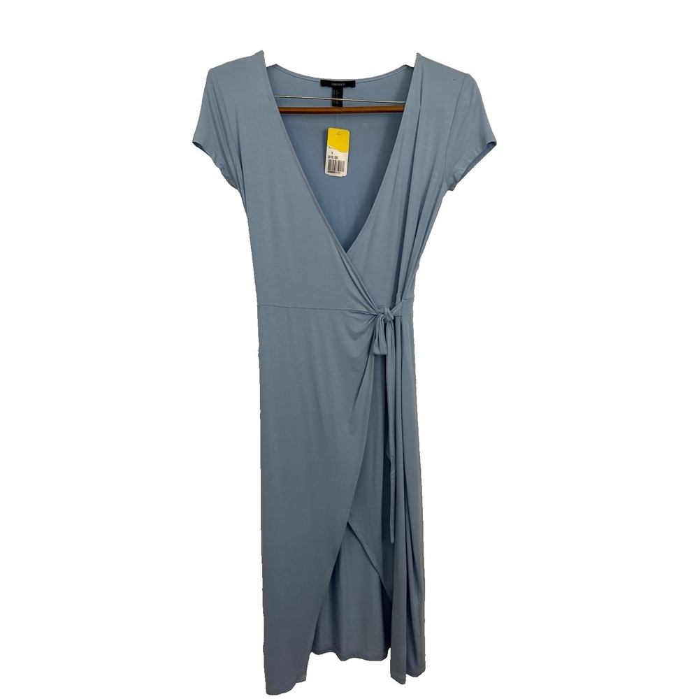 Forever 21 Wrap Dress Womens Small Blue Midi Short Sleeve Jersey Knit V-Neck